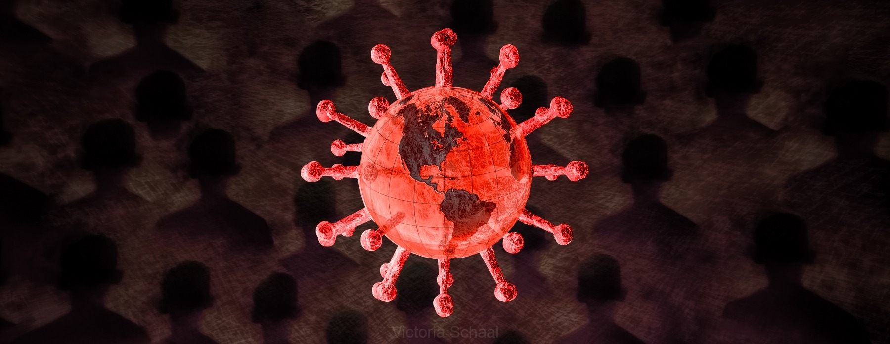 Coronavirus engulfing the world with victims’ silhouettes on the background