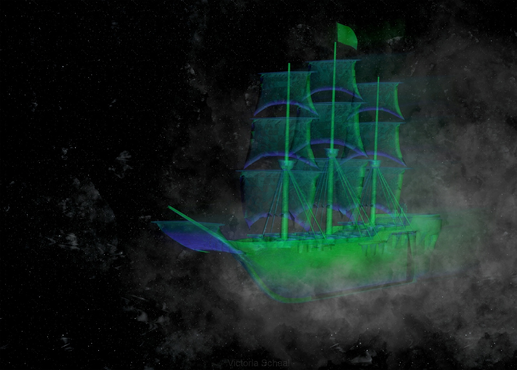 Flying ghost green galleon in space