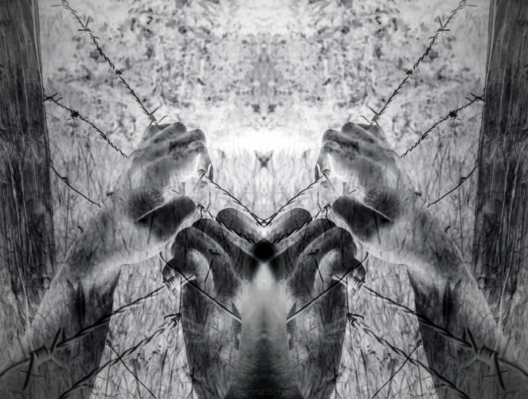 Artistic surreal tortured hands grasping desperately barbed wire (infrared)