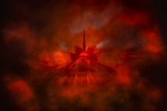 Conceptual Notre-Dame cathedral in red smoke and fire