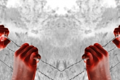 Artistic blood tortured hand grasping desperately barbed wire
