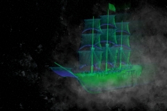 Flying ghost green galleon in space