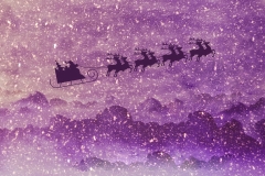 Santa and deer flyong on sleigh in snowy illustrated winter landscape